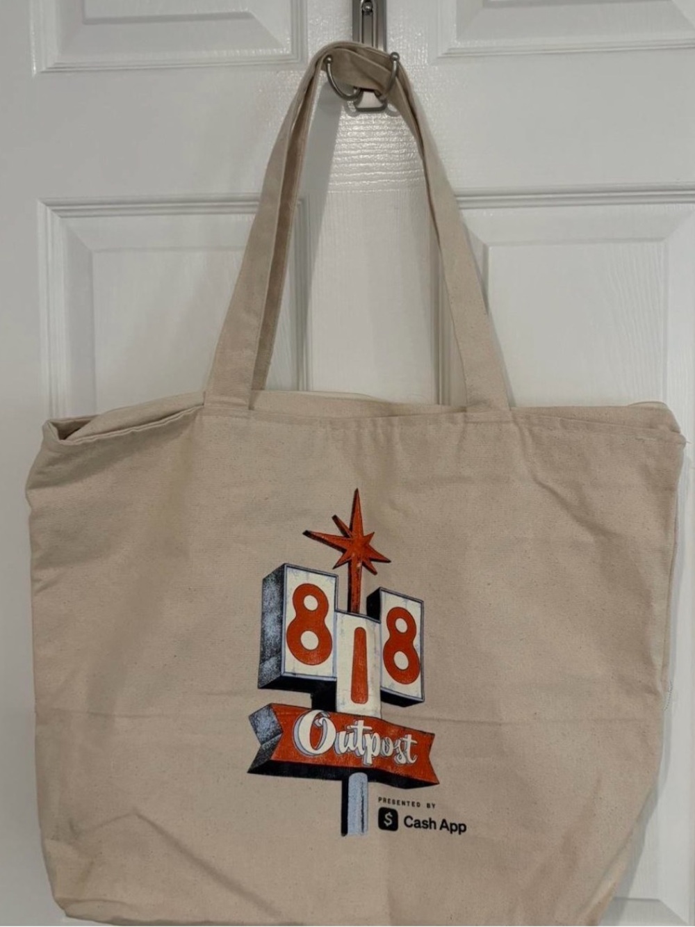 Beige Canvas Tote Bag with 818 Outpost Logo